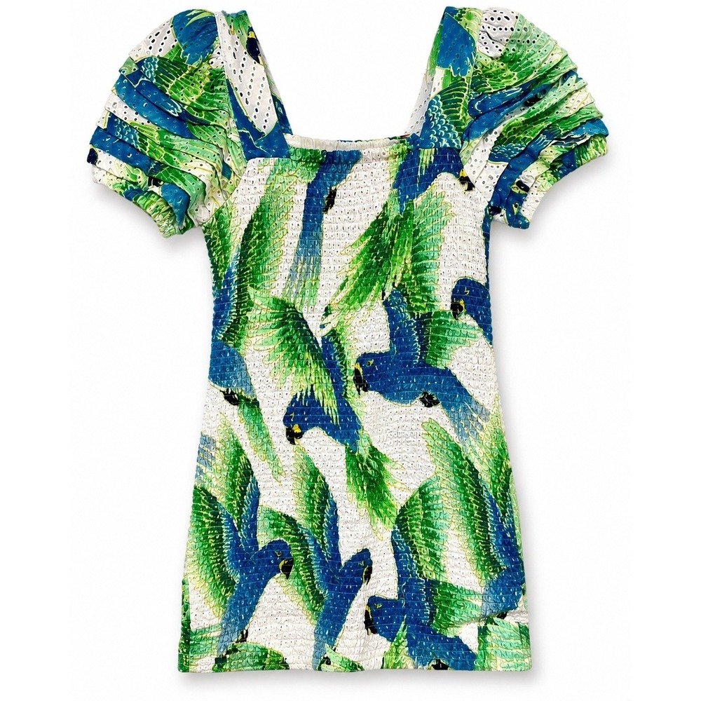 Farm Rio Araras Mini Dress XS White Blue Parrot Smocked Puff Sleeve